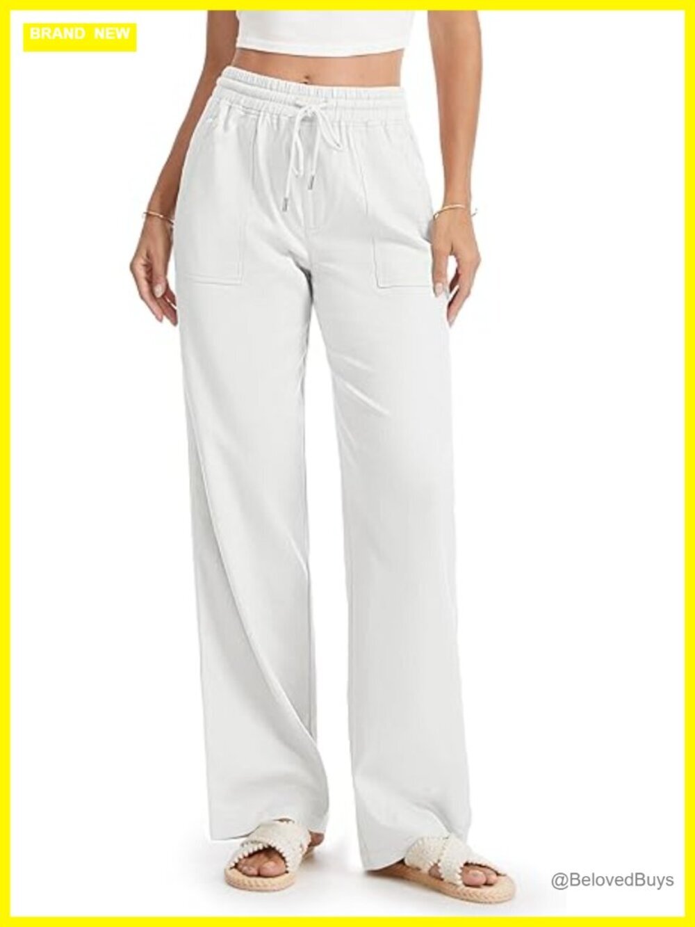 Petite Women Casual Linen Pants 26/28 Inseam Wide Leg Drawstring Lounge Beach
